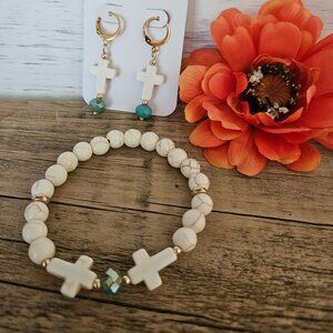 Set of Ivory color Howlite Cross Stretch Bracelet matching Cross Earrings